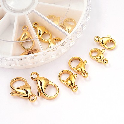 304 Stainless Steel Lobster Claw Clasps, Mixed Size, 9~15x5~9x2.5~4mm, Hole: 1~2mm, 2pcs/compartments, 24pcs/box