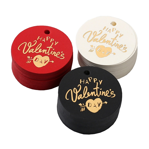 Étiquettes-cadeaux en papier, étiquettes de suspension, rond avec le mot d'estampage d'or happy valentine's day