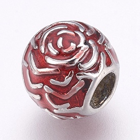 304 Stainless Steel European Beads, Large Hole Beads, with Enamel, Rondelle with Flower