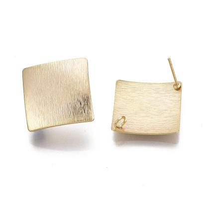 Brass Stud Earring Findings, with Loop, Nickel Free, Textured, Square