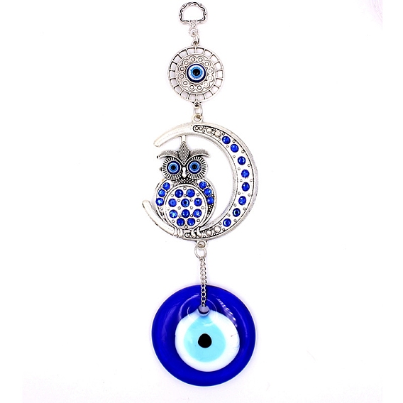Turkish Blue Evil Eye Hanging Pendant Decoration, Turkish Beads Charms, Rhinestone Moon Owl Charms, for Home Decoration