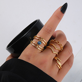 Fashionable 5-Piece Geometric Ring Set with Creative Micro-inlaid Zircon Devil Eye Decoration.