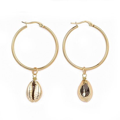 304 Stainless Steel Hoop Earrings, with Cowrie Shell Beads