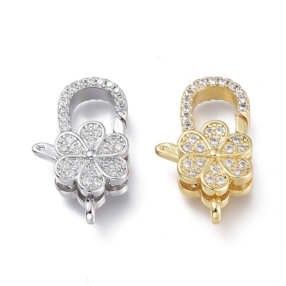 Brass Micro Pave Clear Cubic Zirconia Lobster Claw Clasps, Long-Lasting Plated, Flower
