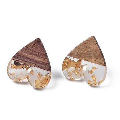 Resin & Walnut Wood Stud Earring Findings, with 304 Stainless Steel Pin and Hole, Two Tone, Heart