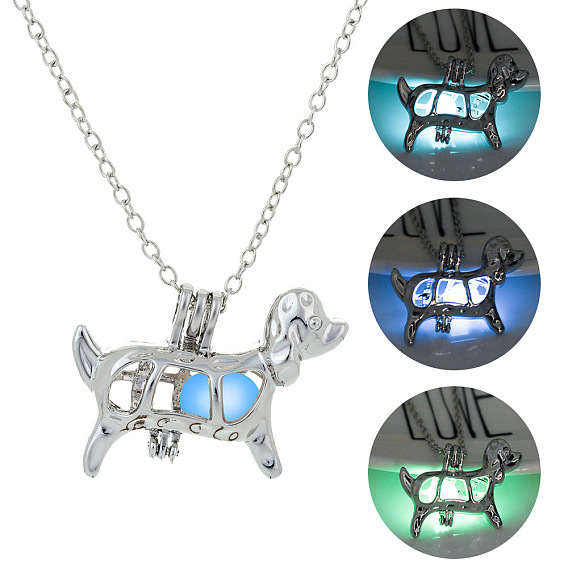 Collier pendentif cage pour chien en alliage avec pierre de luminaires synthétiques, bijoux phosphorescents pour femmes