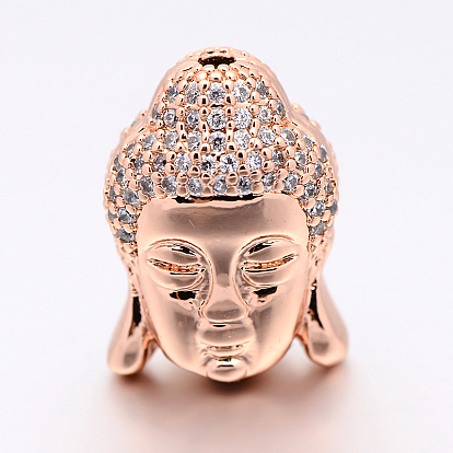 CZ Brass Micro Pave Grade AAA Cubic Zirconia 3D Buddha Head Beads, Lead Free & Nickel Free & Cadmium Free, 15x11x8mm, Hole: 1.5mm