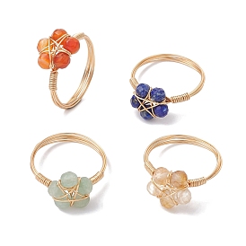 4Pcs 4 Style Natural Mixed Gemstone Star Finger Rings, Brass Wire Wrap Rings Set