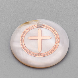 Freshwater Shell Pendants, with Iron Findings, Flat Round with Cross, Rose Gold