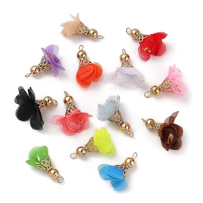Hot Stamping Polyester Pendant Decorations, with Acrylic and Iron Findings, Flower Charms