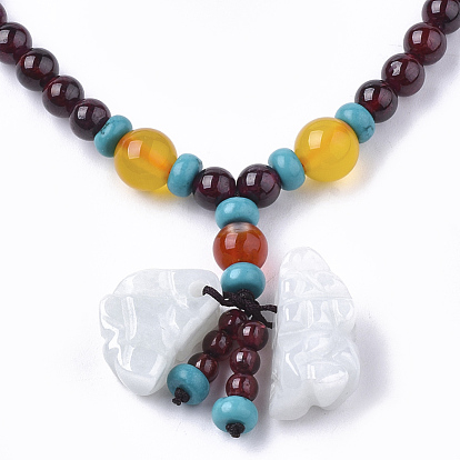 3 -loop style bijoux bouddhistes, bracelets de perles de mala de grenat naturel, avec pendentif de jade, bracelets élastiques, ronde