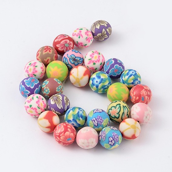 Perles en fimo faits à la main, ronde avec motif floral