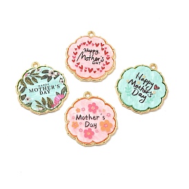 Rack Plating Acrylic Pendants, with Golden Tone Alloy Findings, Cadmium Free & Nickel Free & Lead Free, Mother's Day, Flower Charm with Word