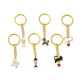 Alloy Enamel Pendant Keychain, with Iron Rings, Dog & Cat & Fish Bone