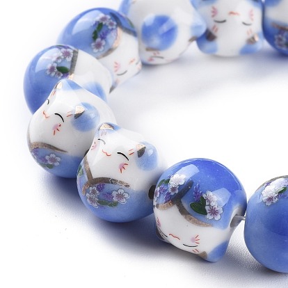 Handmade Printed Porcelain Beads, Lucky Cat with Flower Pattern