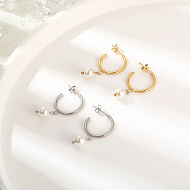 304 Stainless Steel Ring Half Hoop Earrings, Natural Pearl Dangle Stud Earrings