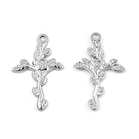 Ion Plating(IP) 201 Stainless Steel Pendants, Cross with Flower