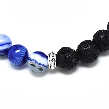 Natural Gemstone Beads Stretch Bracelets, with Synthetic Lava Rock Beads and Alloy Beads, Round