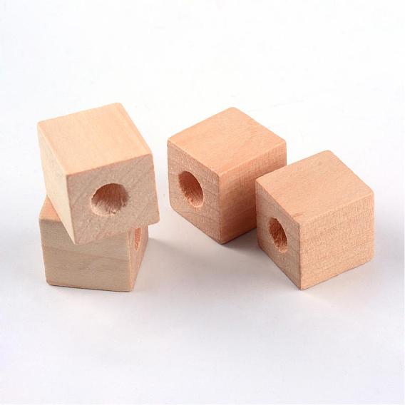 Unfinished Wood Beads, Natural Wooden Beads, Lead Free, Cube, Large Hole Beads, 19~20x19~20x20mm, Hole: 8~8.5mm