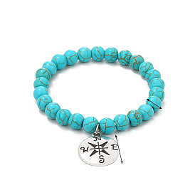 Bracelets de perles de turquoise synthétique, Bracelets extensibles de charmes de boussole en alliage de style bohême pour femmes