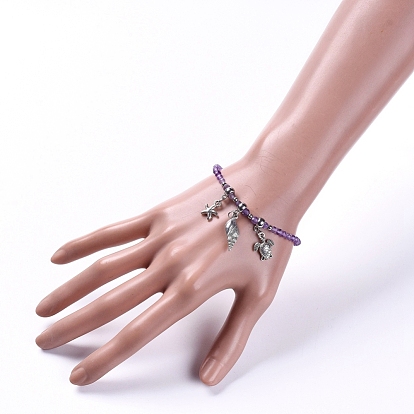 Natural Gemstone Stretch Bracelets, with Alloy Pendants and Tube Bails, Spiral Shell & Sea Turtle & Starfish