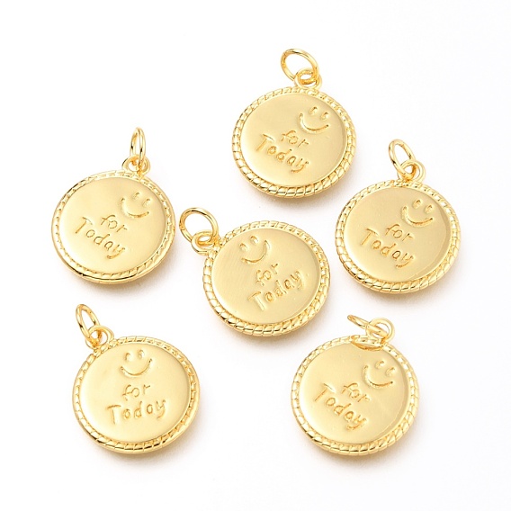 Brass Pendants, Flat Round with Smiling Face and Word For Today