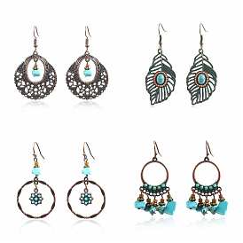 Boucles d'oreilles pendantes géométriques en turquoise synthétique, bijoux en alliage pour femmes, bronze antique et patine verte
