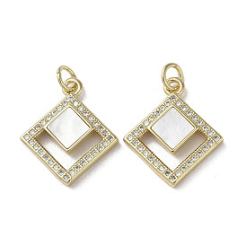 Brass Micro Pave Cubic Zirconia Pendants, with Shell, Rhombus