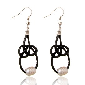 Freshwater Pearl Beads Earrings, Brass Earring Hooks with Cowhide Leather Cord, Platinum, 45mm