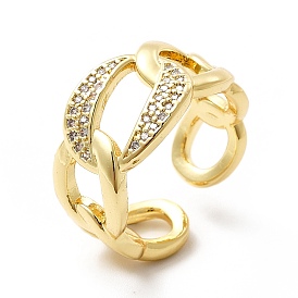 Clear Cubic Zirconia Curb Chain Shape Open Cuff Ring, Brass Jewelry for Women