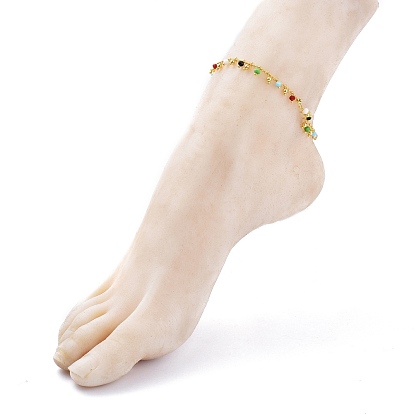 Brass Curb Chains Anklets, with Handmade Glass Beaded Chains, 304 Stainless Steel Heart Charms, Lobster Claw Clasps