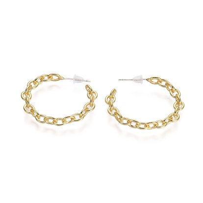 Semicircular Brass Cable Chain Stud Earrings, Half Hoop Earrings, with 925 Sterling Silver Pins and Plastic Ear Nuts, Long-Lasting Plated