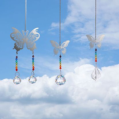 Glass Round/Leaf Big Pendant Decorations, Hanging Suncatchers, with Metal Butterfly Link for Garden Decoration