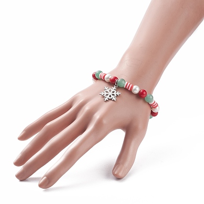 Natural Green Aventurine & Mashan Jade & Shell Pearl Stretch Bracelet with Christmas Snowflake Alloy Charm, Preppy Bracelet for Women