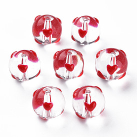 Perles de verre émaillées transparentes, ronde avec le coeur