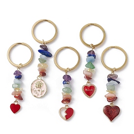 Chakra Gemstone Chip Keychain, with Heart/Oval Alloy Enamel Pendant, Valentine's Day Car Key Bag Decoration