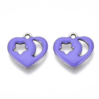201 Stainless Steel Enamel Charms, Heart, Stainless Steel Color with Star, Stainless Steel Color & Moon, Stainless Steel Color