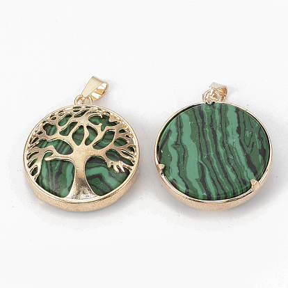 Gemstone Pendants, with Brass Findings, Flat Round with Tree of Life