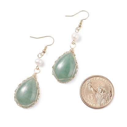 Natural Gemstone Teardrop Dangle Earrings with Natural Pearl, Brass Wire Wrap Drop Earrings for Women, Golden