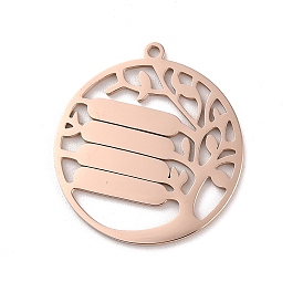 Ion Plating(IP) 304 Stainless Steel Pendants, Laser Cut, Flat Round with Tree Charm