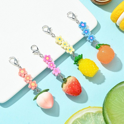 Fruit Resin Pendant Decoration, Zinc Alloy Lobster Claw Clasps and Flower Polymer Clay Beads Charm
