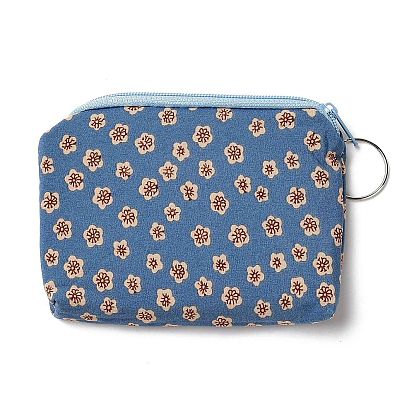Flower Pattern Cotton Cloth Wallets, Change Purse, with Zipper & Iron Key Ring