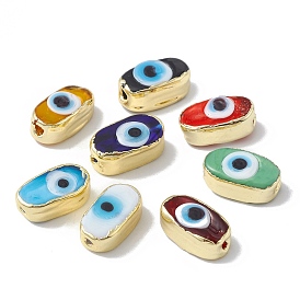 Brass Beads, with Enamel, Real 18K Gold Plated, Oval with Evil Eye