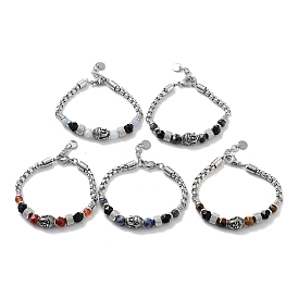 Buddha Head Natural Mixed Gemstone Faceted Beaded Bracelets with 201 Stainless Steel Lobster Claw Clasps