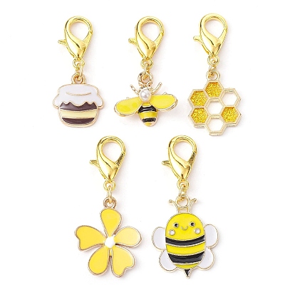 Golden Tone Alloy Enamel Pendant Decoration, with Alloy Clasp, Bees & Honeycomb