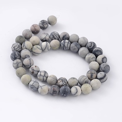 Hebras de piedra de seda negra natural redonda / cordones de perlas de piedra de netstone, 8 mm, agujero: 1 mm, sobre 46 unidades / cadena, 15.1 pulgada