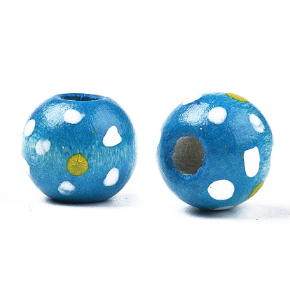 Spray Painted Natural Wood Beads, Round with Polka Dot