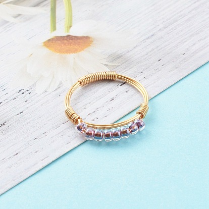Adjustable Glass Seed Beads Finger Rings, with Real 18K Gold Plated Copper Wire