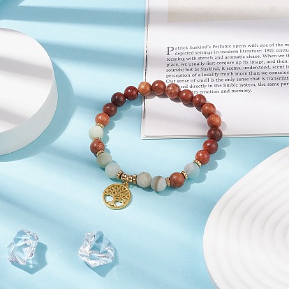 Bracelet extensible fleur naturelle amazonite & bois & hématite synthétique avec arbre de vie en laiton, bijoux en pierres précieuses pour femmes