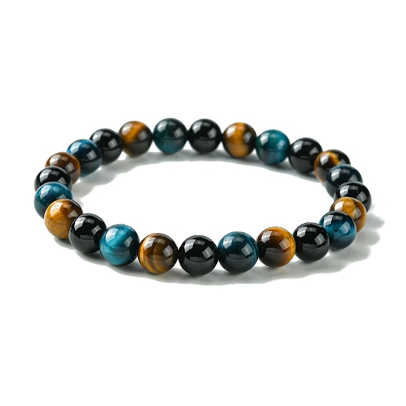 Bracelets extensibles en perles rondes en œil de tigre naturel teint et onyx noir pour femmes